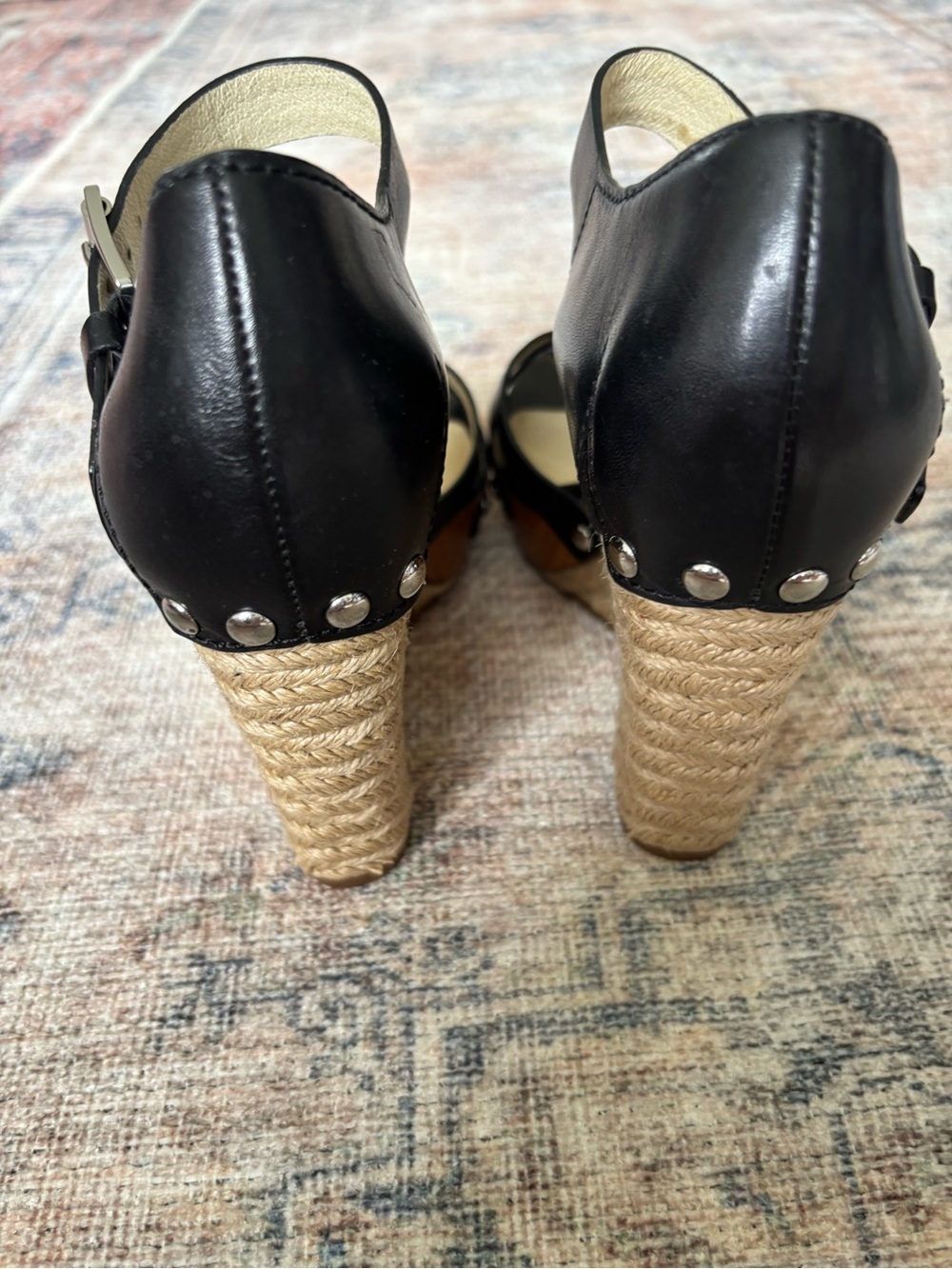 Michael Kors Black Leather Espadrille Wedge Sandals with Buckle - Picture 4 of 15